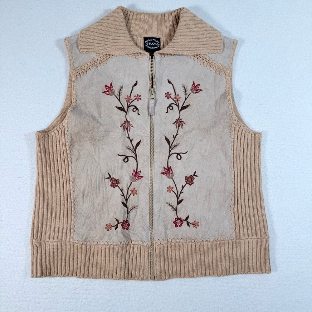Vintage Leather Knit Vest‎ Embroidered Zip  L Floral Western Boho Cottagecore